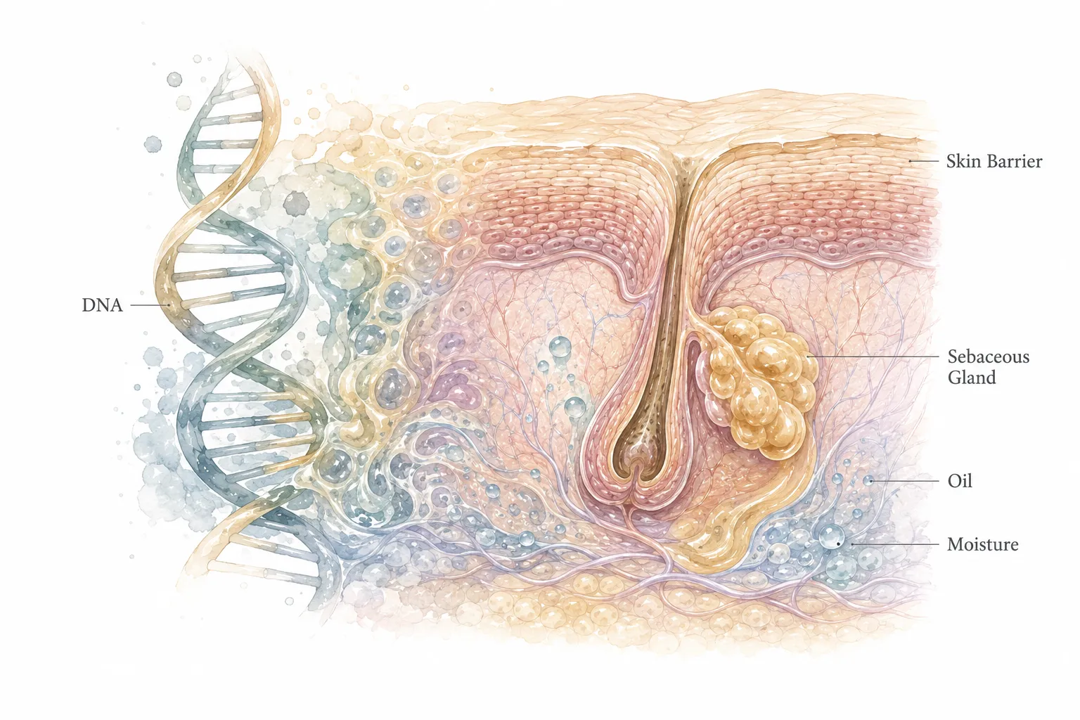 Diagram showing genetic and environmental influences on skin type