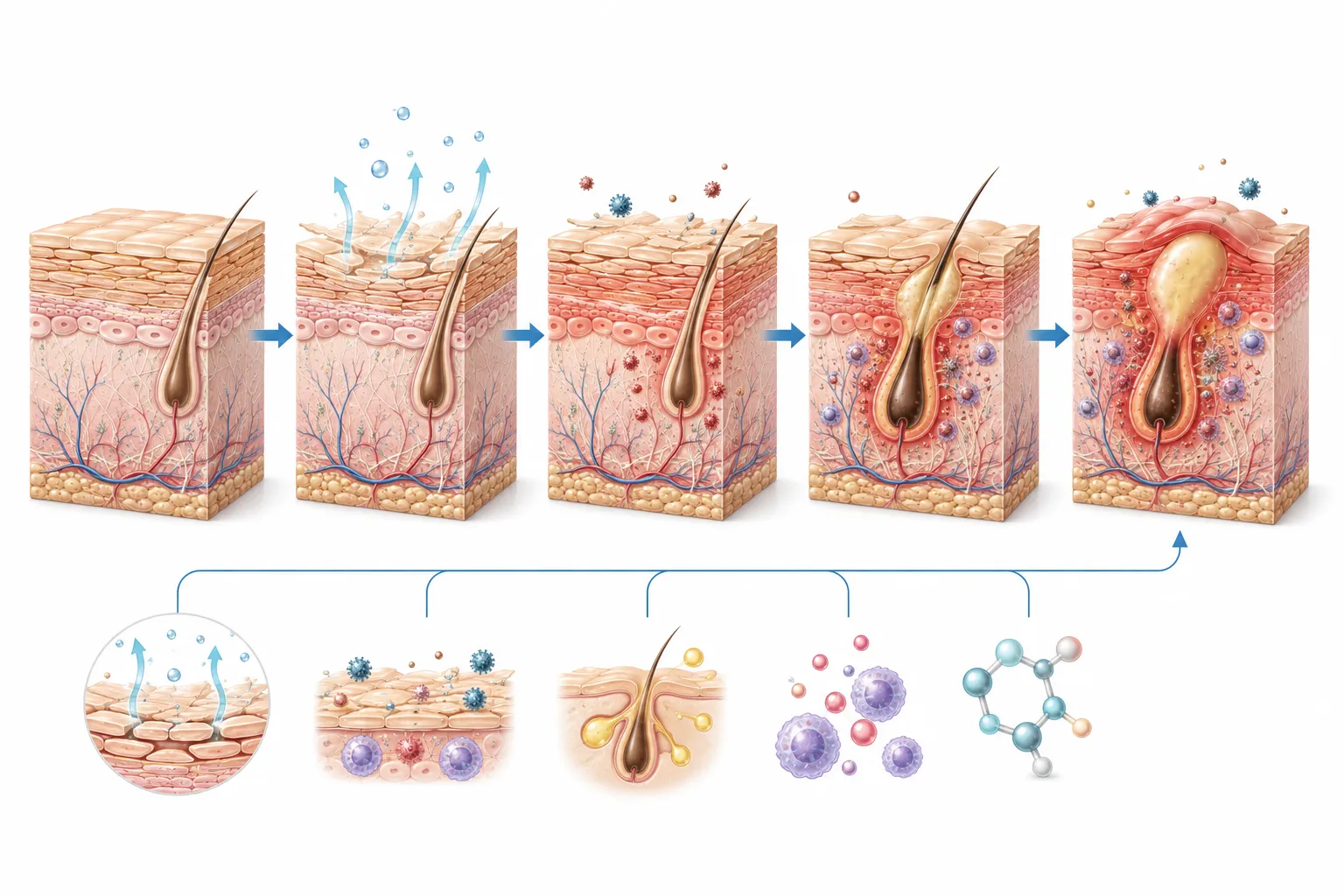 Diagram showing how a damaged barrier leads to inflammation and breakouts