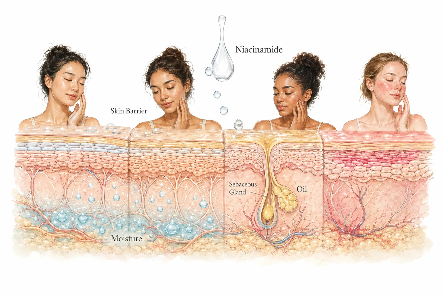 Diagram showing niacinamide's benefits for different skin types