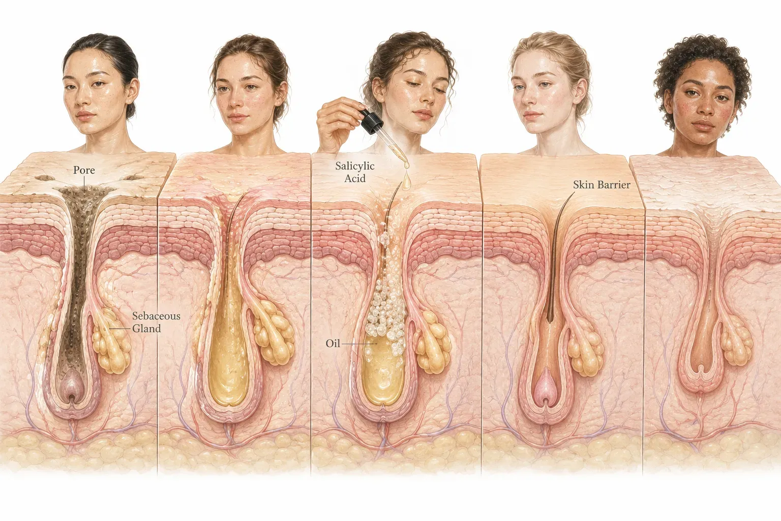 Diagram showing salicylic acid suitability across skin types