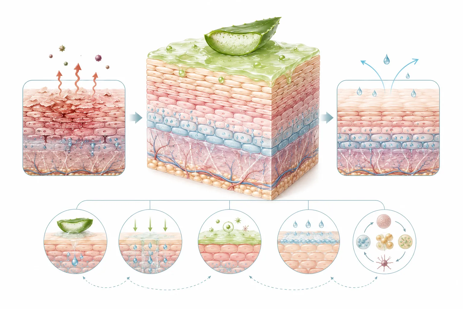 Diagram showing aloe vera's soothing and hydrating effects on the skin barrier