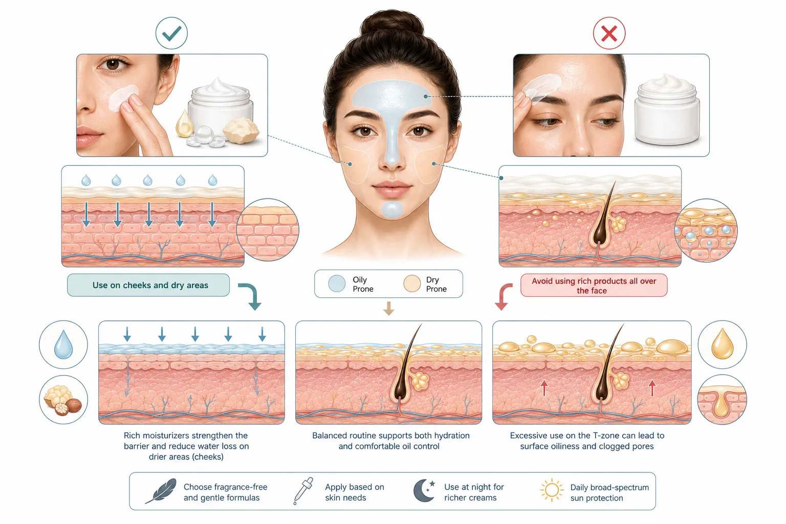 Diagram showing zonal application of dry skin products on combination skin