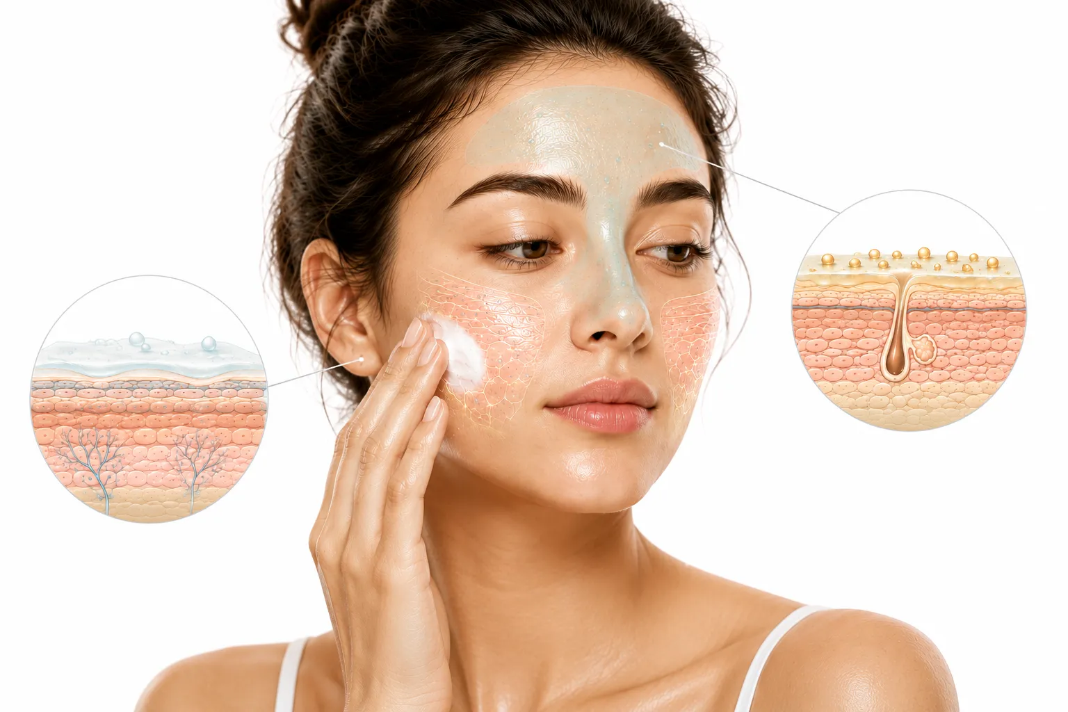 Combination skin with dry skin products on cheeks