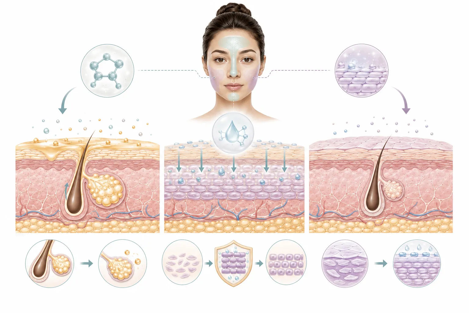 Diagram showing niacinamide's benefits on T-zone and cheeks