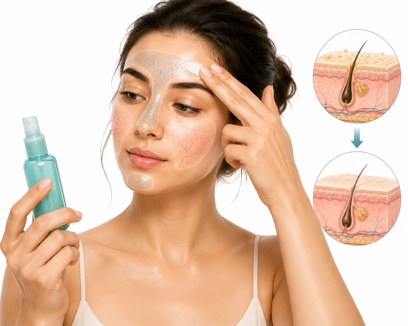 Split illustration of a face showing an oily T-zone and drier cheeks