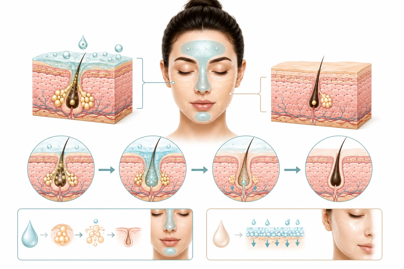 Diagram of salicylic acid targeting congested pores in the T-zone