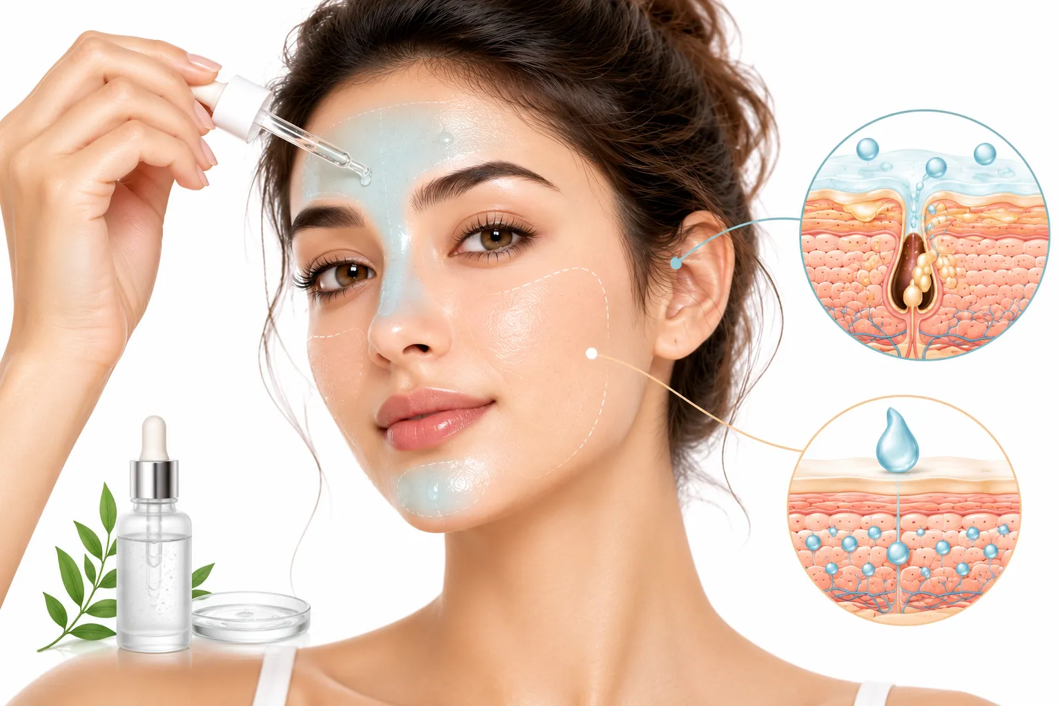 Salicylic acid bottle next to an illustration of combination skin zones