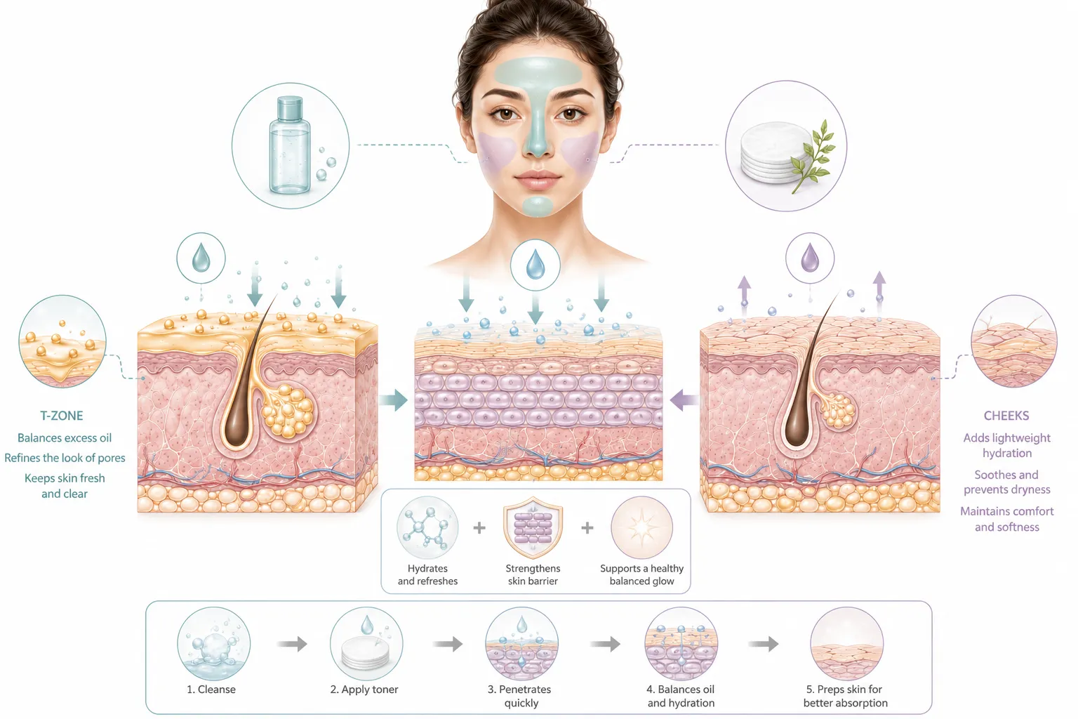 Diagram comparing a hydrating toner and an astringent toner on different face zones