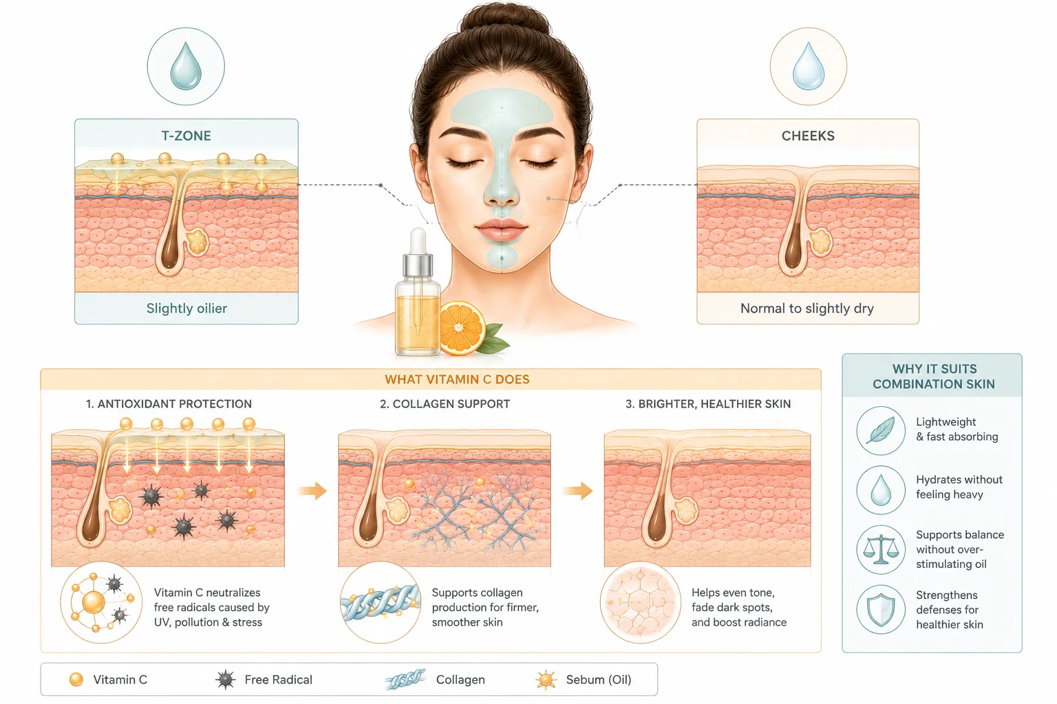 Diagram of vitamin C serum absorbing evenly across oily and dry skin zones