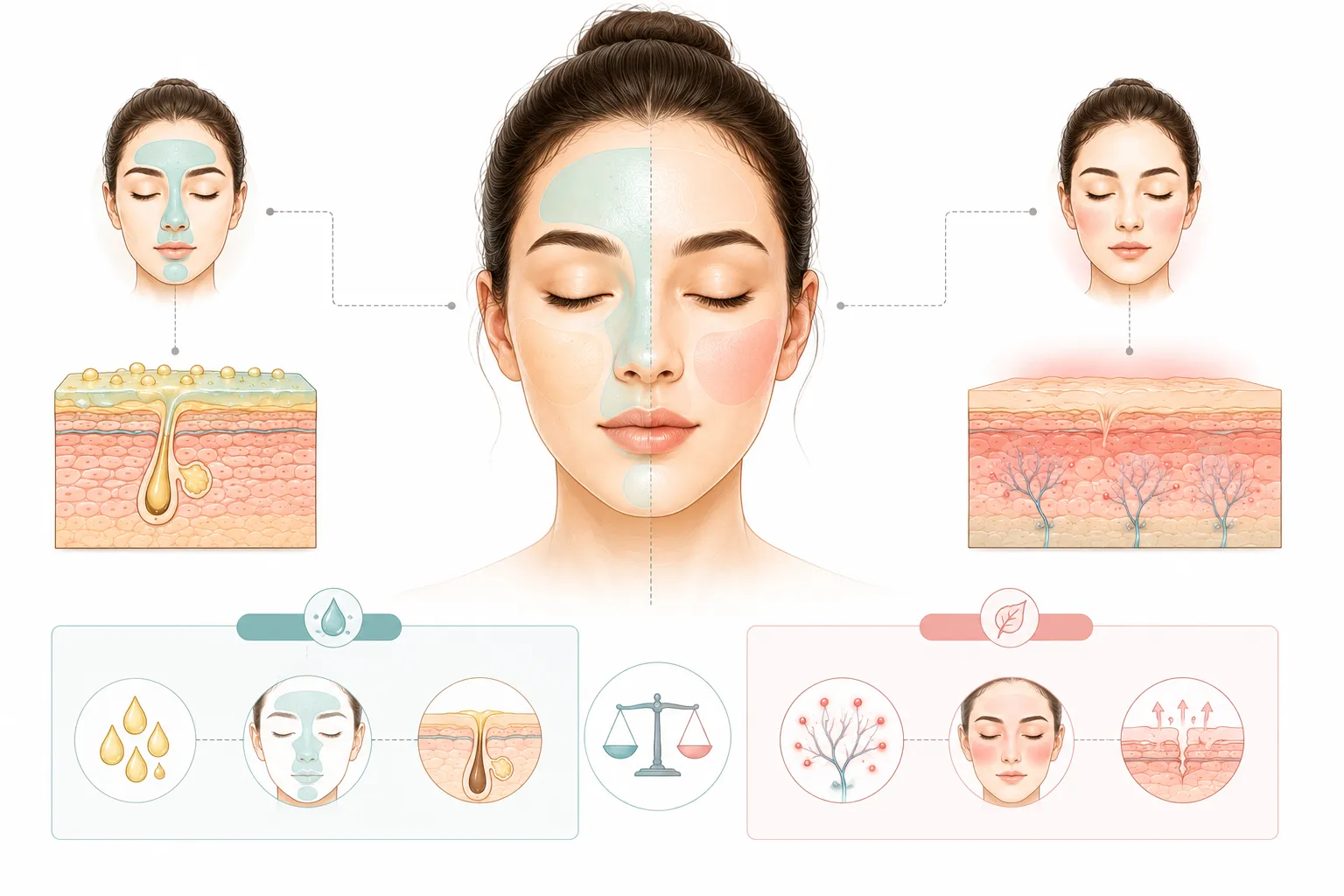 Vitamin C serum dropper bottle beside an illustration of combination skin