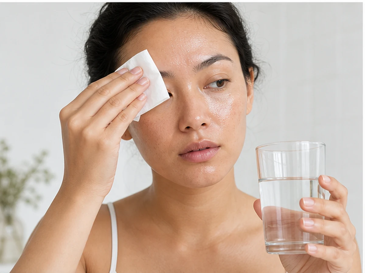 Illustration of a shiny, oily forehead beside a water droplet icon