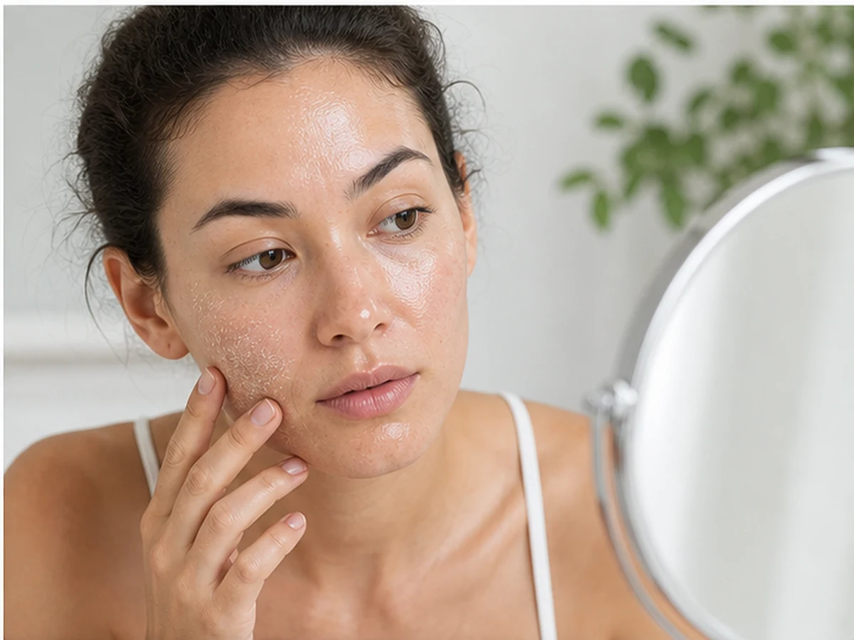 Side-by-side illustration of shiny dehydrated skin and truly oily skin