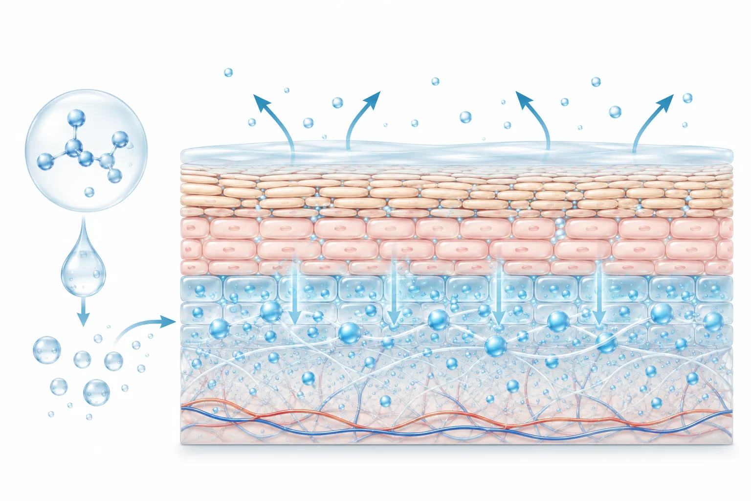 Diagram showing hyaluronic acid hydrating the skin to support barrier repair