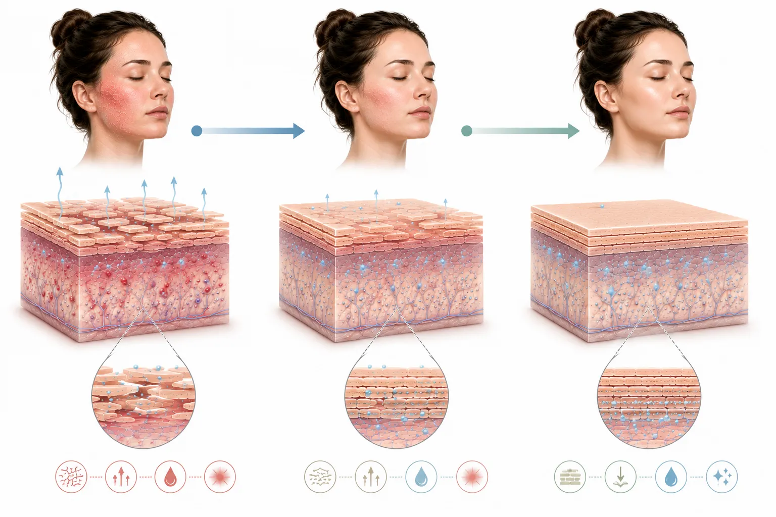 Diagram comparing damaged and repaired skin barrier over time
