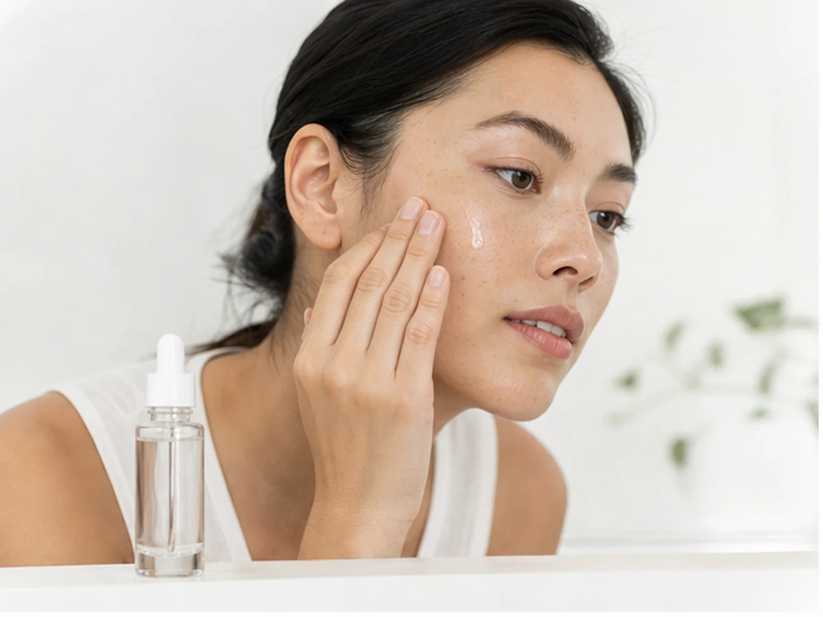 Person applying niacinamide serum directly to face with dropper