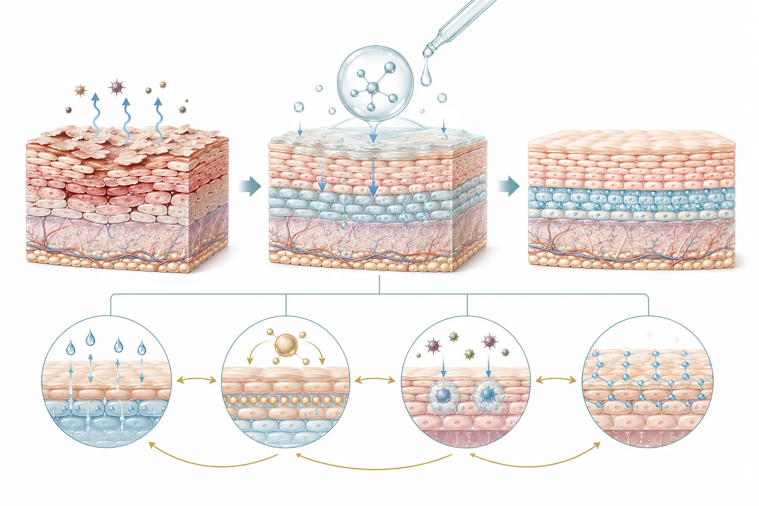 Diagram showing niacinamide molecules filling gaps in a damaged skin barrier