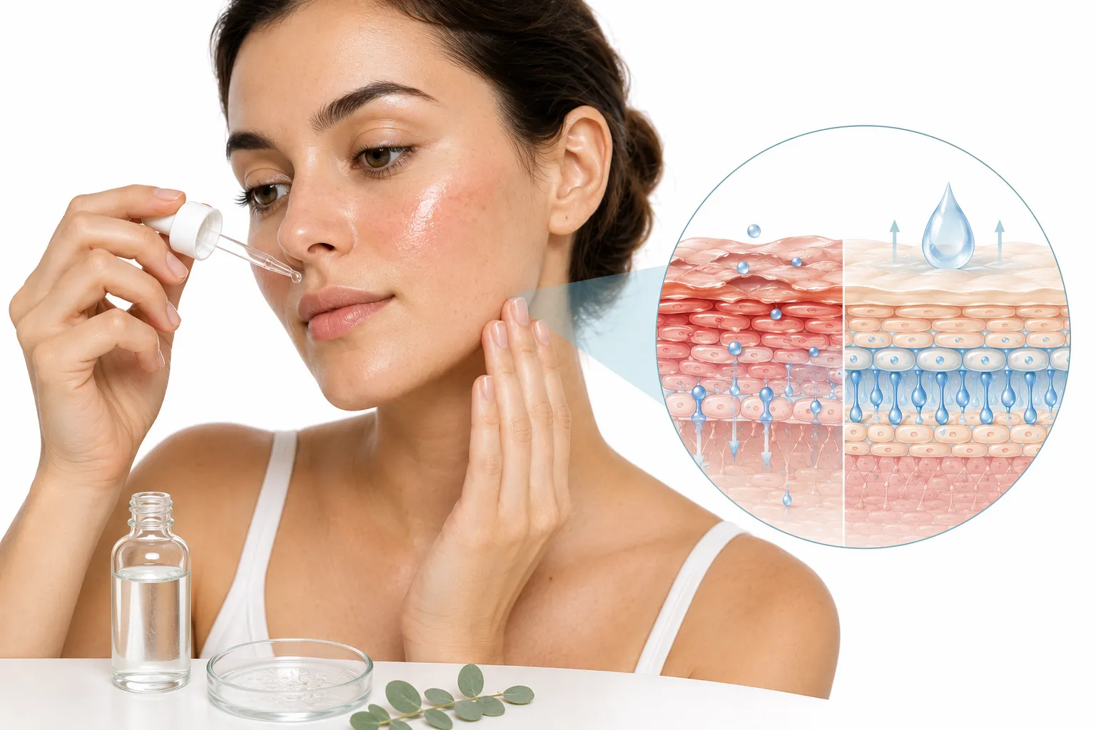 Niacinamide serum being applied to barrier-compromised skin with visible redness and irritation