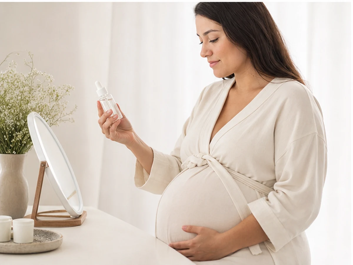 Pregnant woman applying niacinamide serum