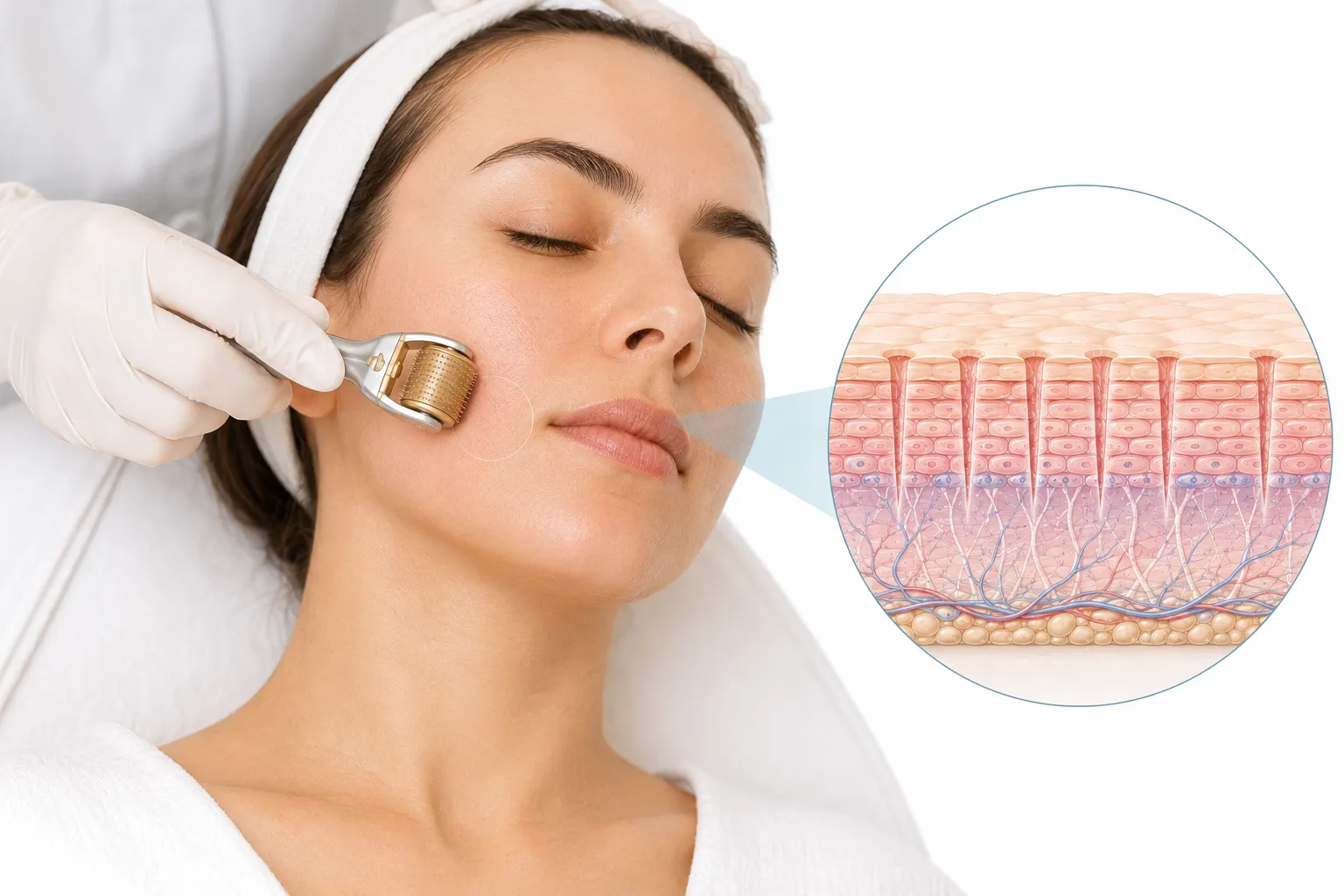 Microneedling treatment being performed on skin with visible needle channels