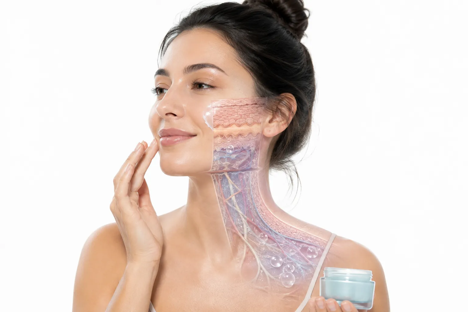 Sensitive skin care products on a surface with normal skin illustration