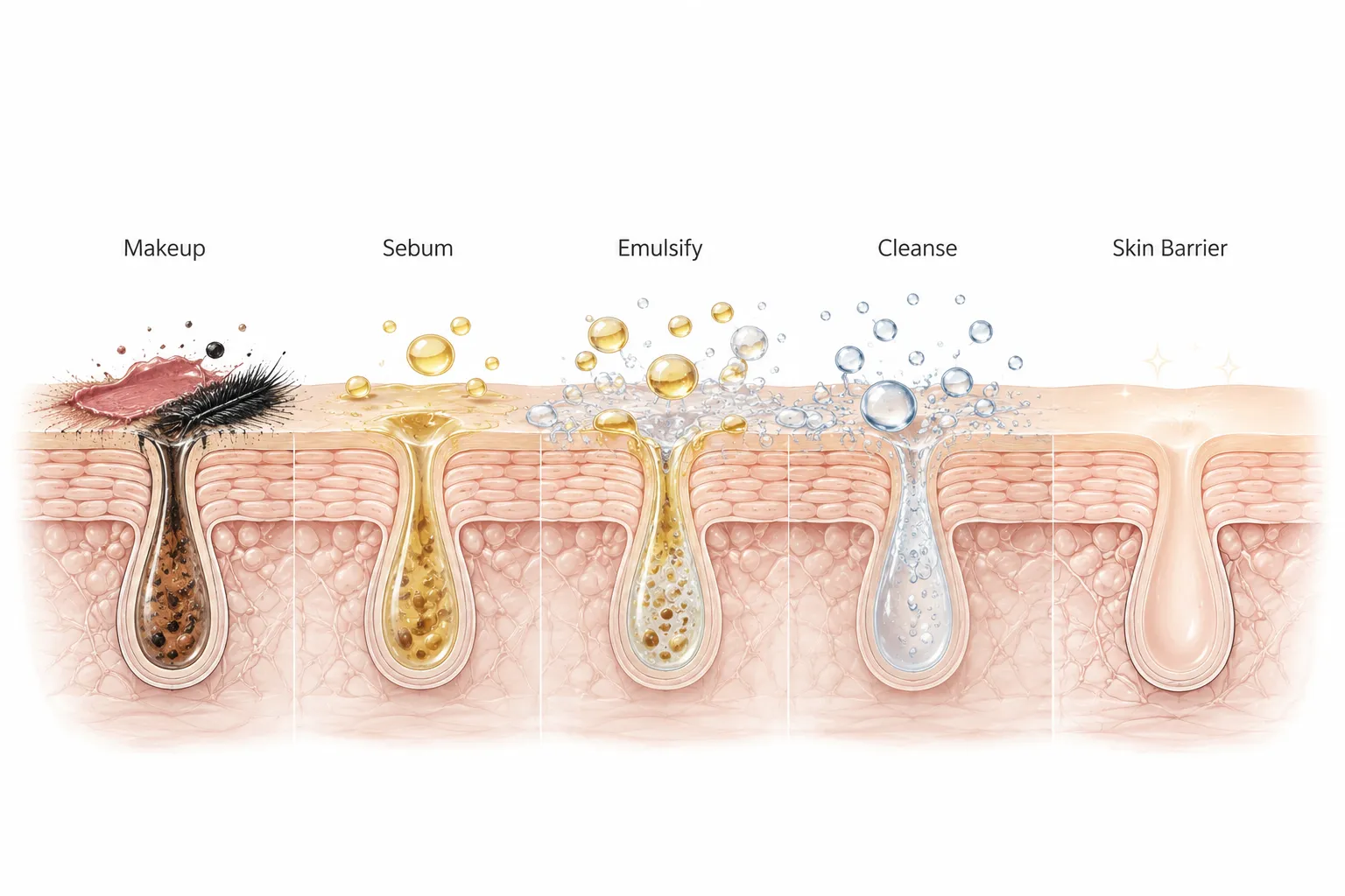 Diagram showing how oil cleansing works on oily skin