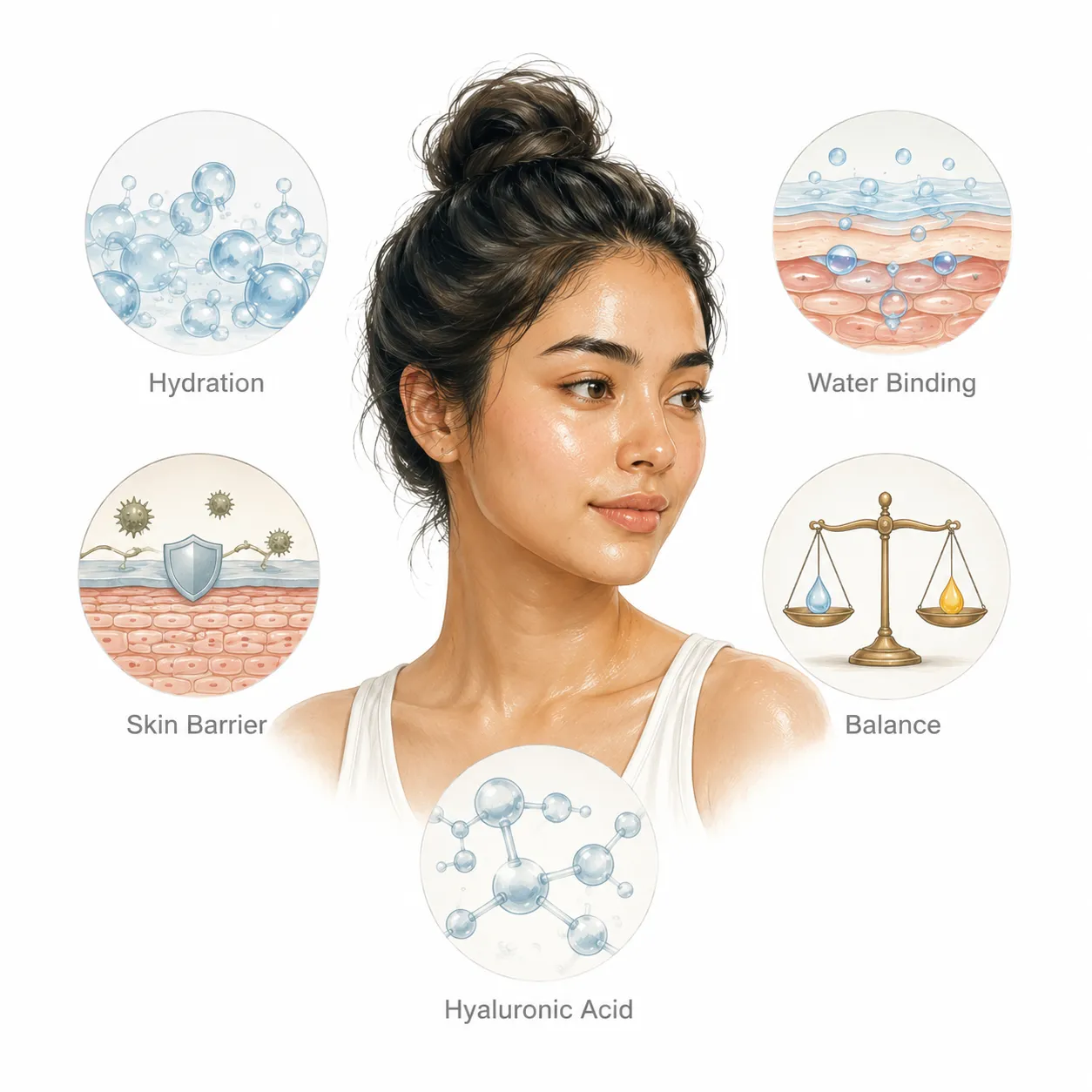 Diagram showing hyaluronic acid attracting water without adding oil
