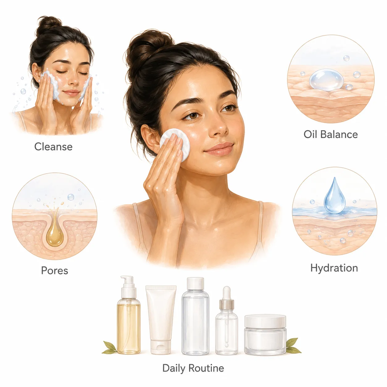 Diagram showing oil cleanser dissolving sebum and rinsing clean