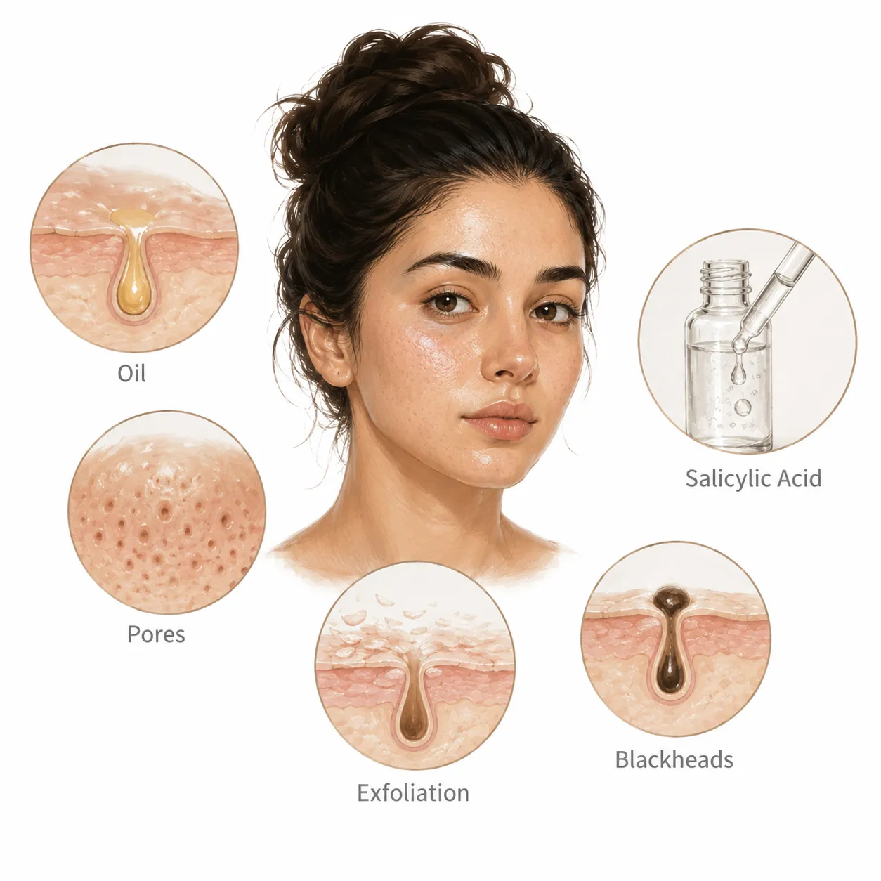 Diagram showing salicylic acid penetrating oil-filled pores