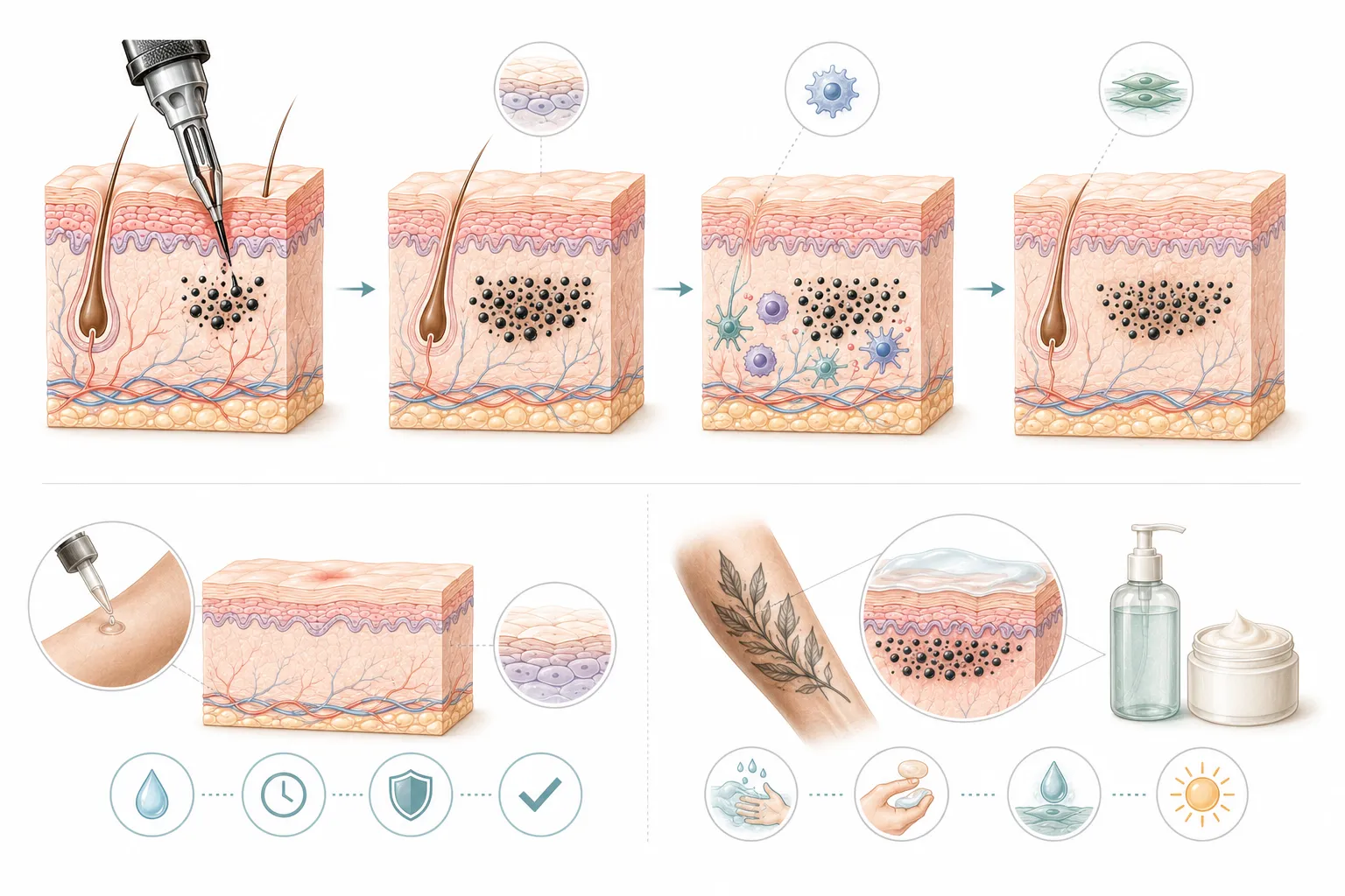 Diagram showing gentle aftercare for tattoos on sensitive skin