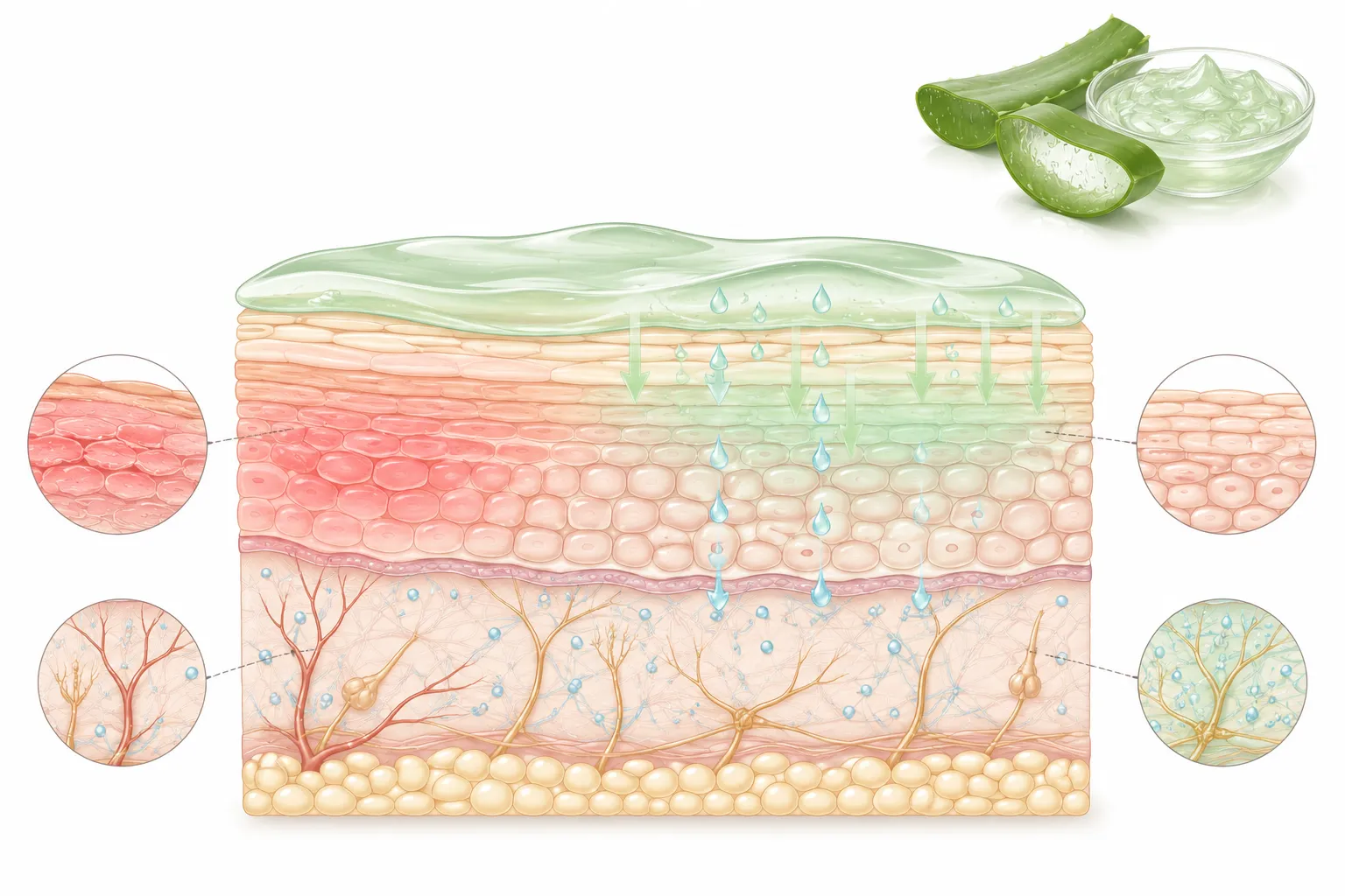 Diagram showing aloe vera's polysaccharides soothing sensitive skin