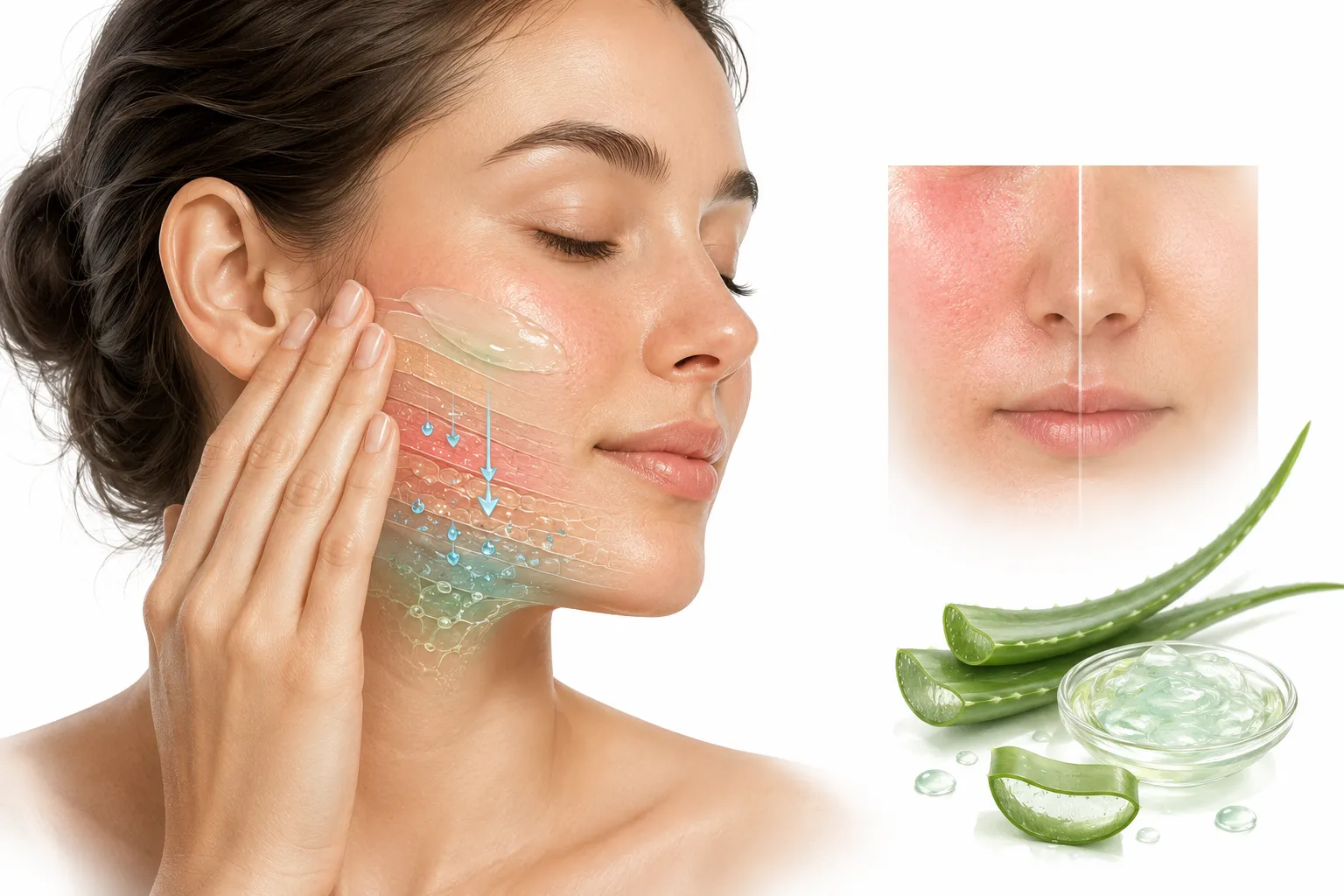 Aloe vera gel beside calm, soothed sensitive skin