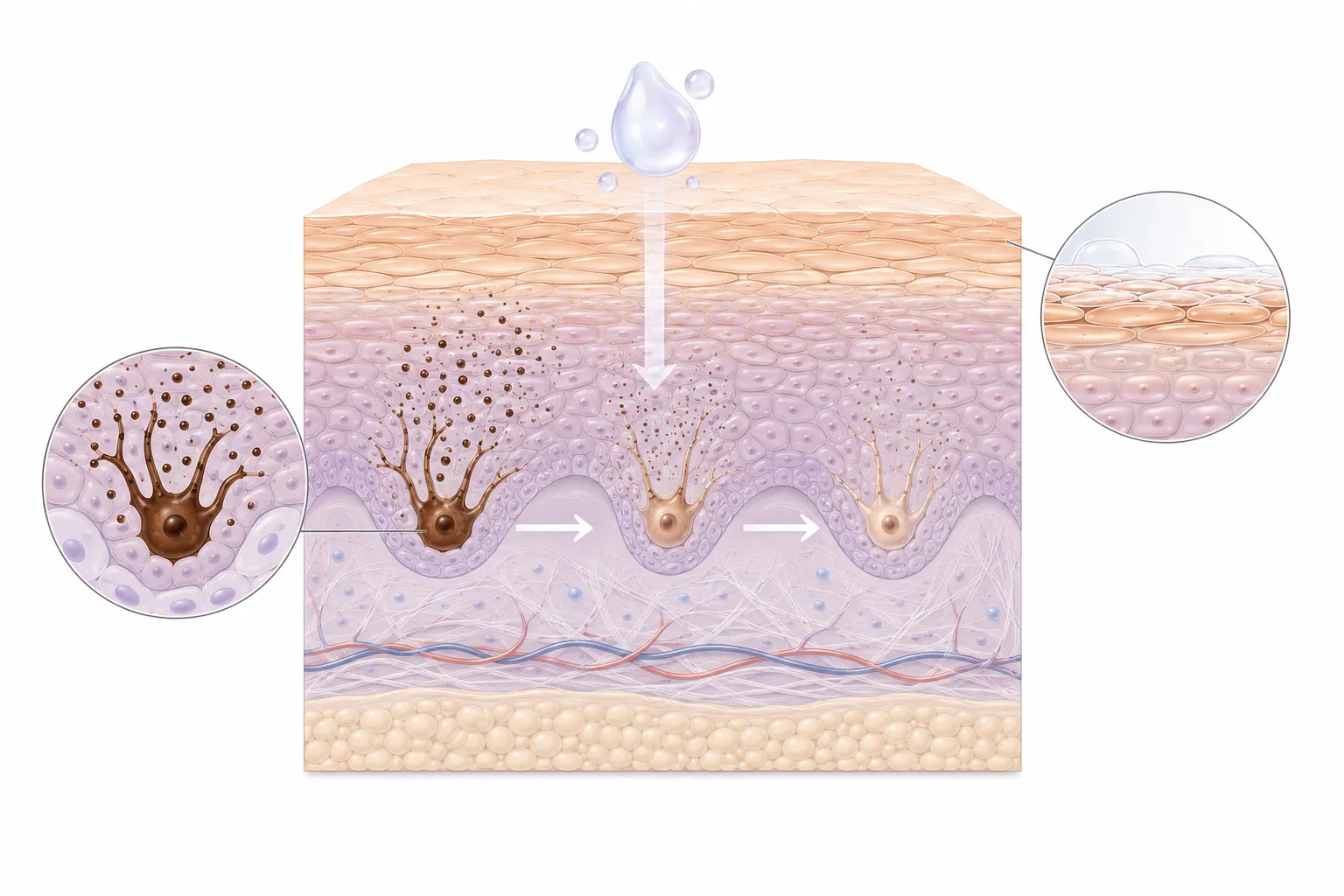 Diagram showing alpha arbutin inhibiting tyrosinase without irritating sensitive skin