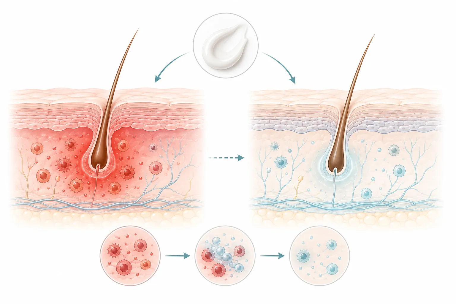 Diagram showing azelaic acid reducing inflammation and inhibiting tyrosinase in sensitive skin