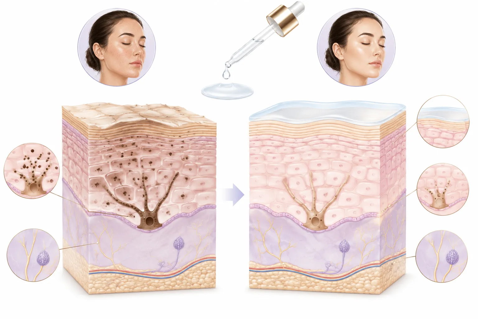 Diagram showing kojic acid inhibiting tyrosinase without causing significant irritation