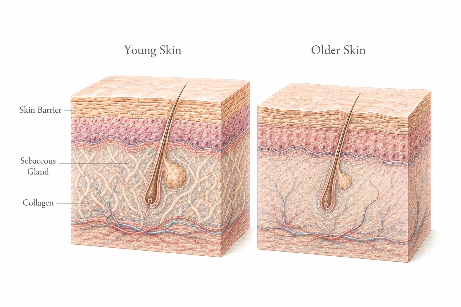 Diagram showing skin changes over a lifetime: collagen loss, sebum decline, barrier thinning