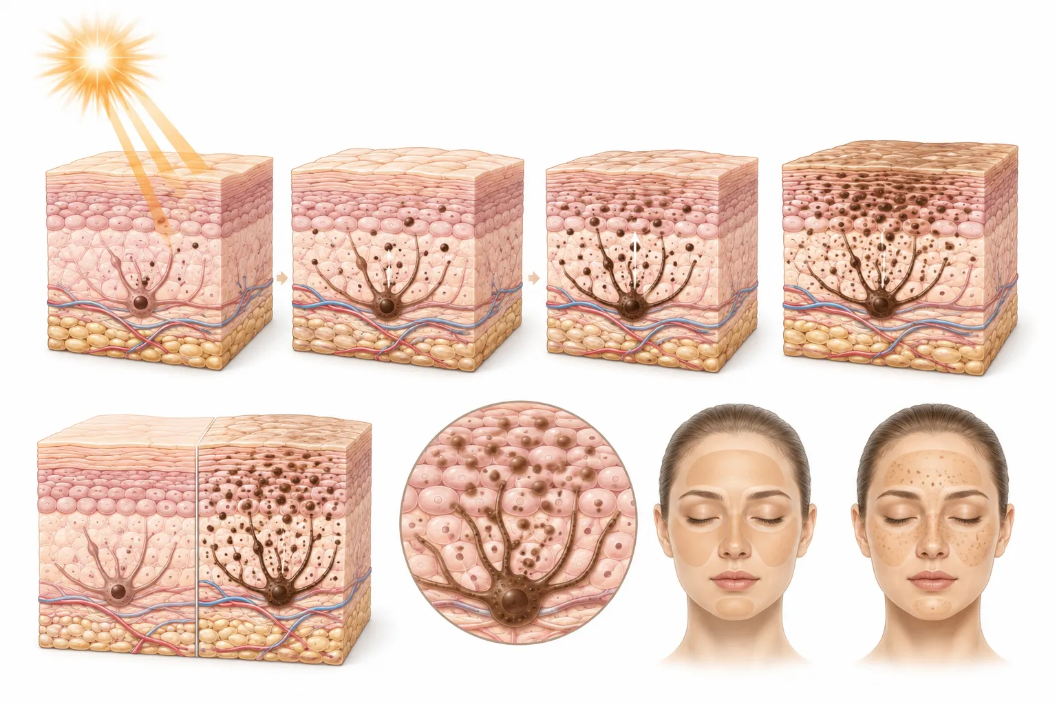 Diagram showing UV radiation triggering melanin production in skin cells
