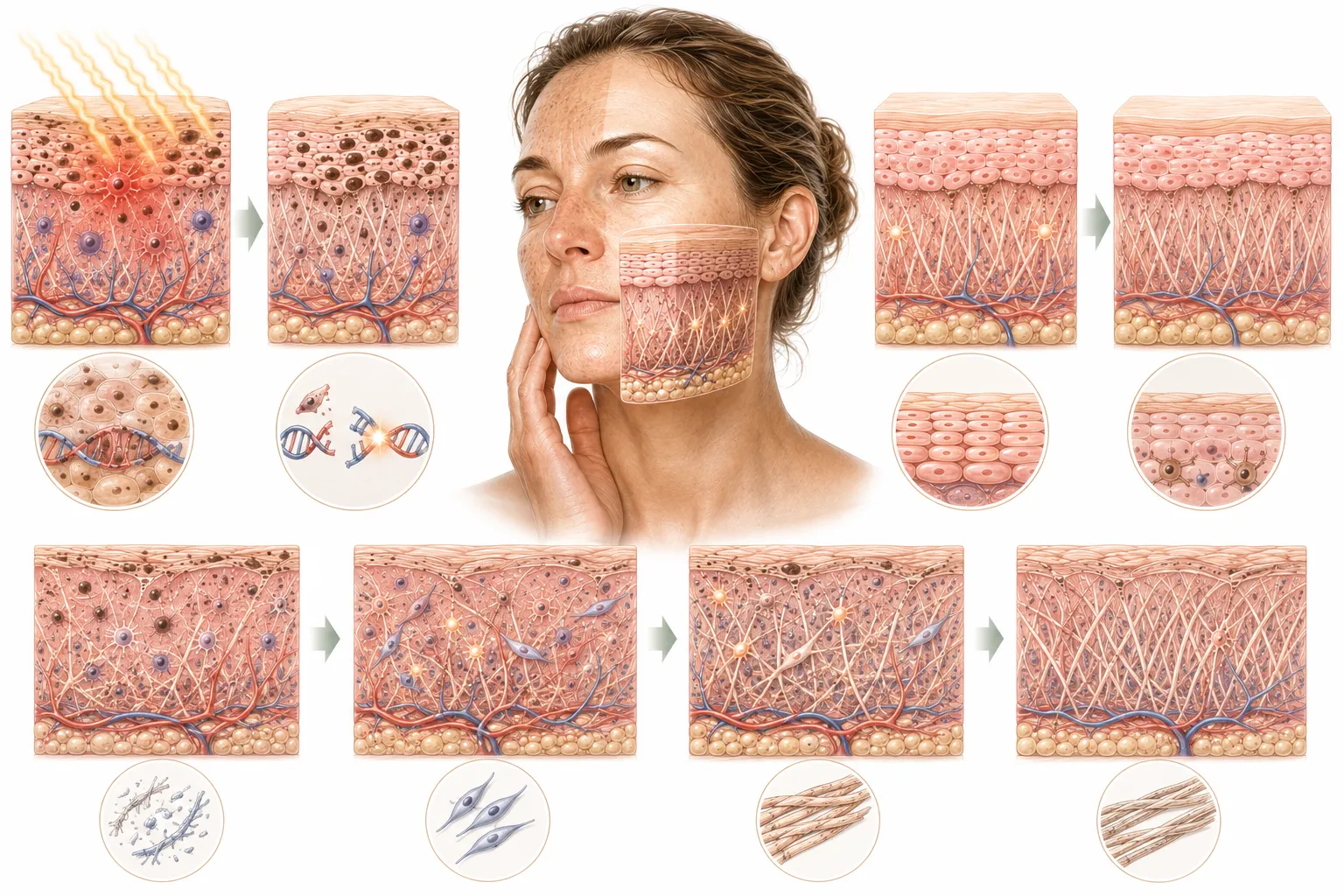 Diagram showing skin's DNA repair mechanisms responding to UV damage