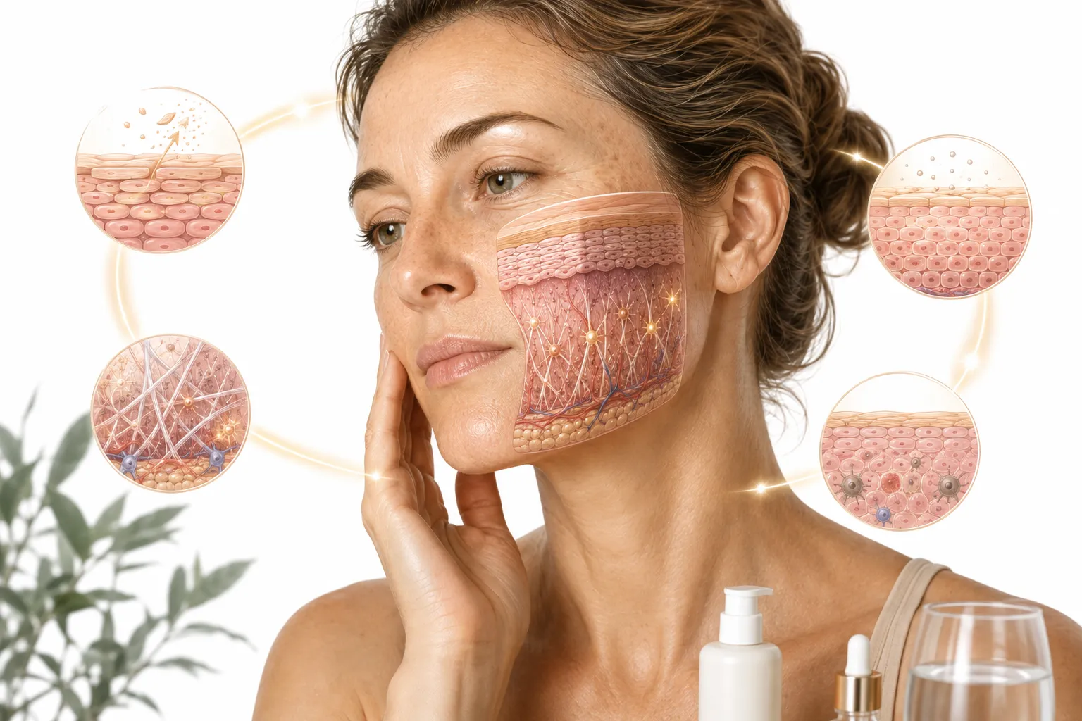 Aging skin showing sun damage with protective skincare products nearby