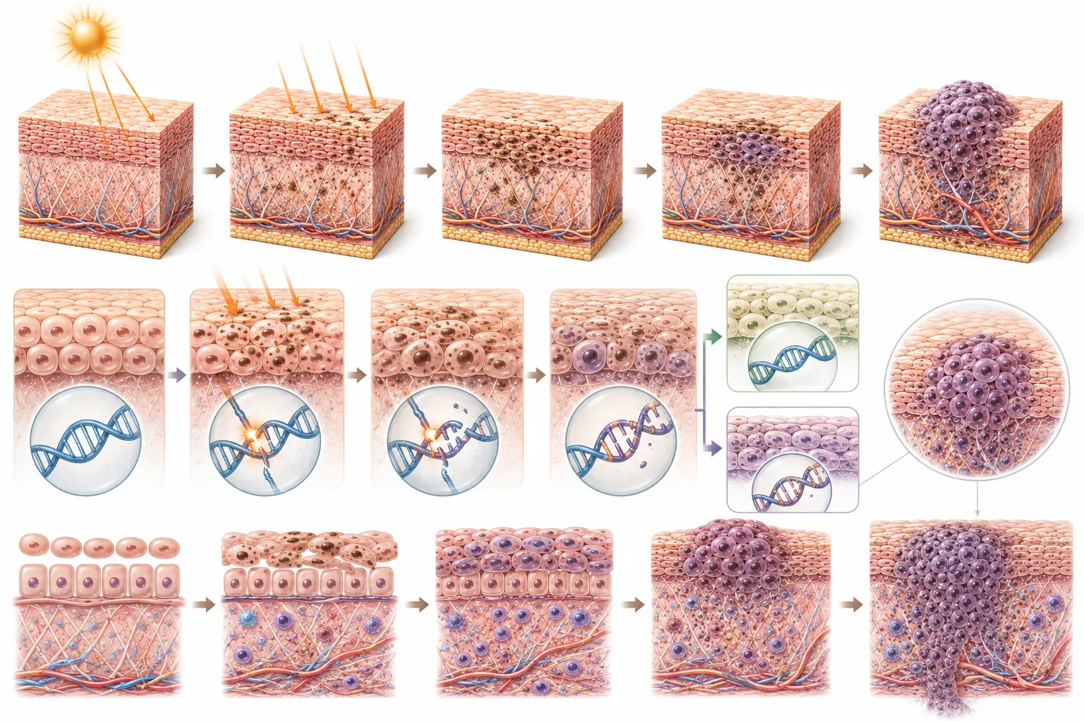 Diagram showing progression of UV damage to skin cancer