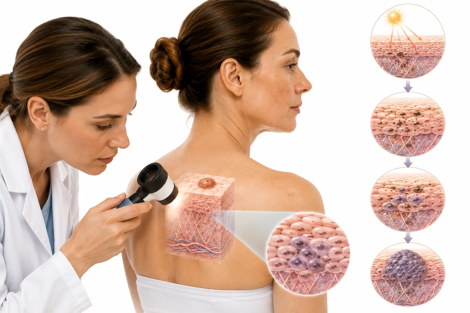 Medical illustration showing UV damage leading to skin cancer changes