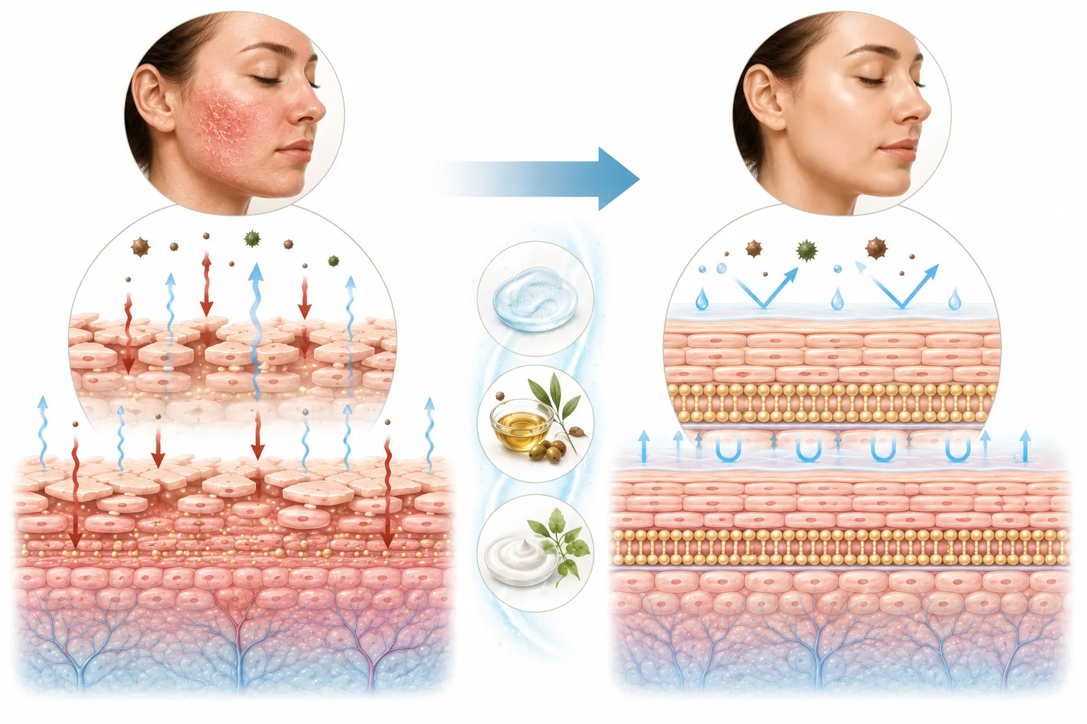 Diagram of skin barrier restoration process from damaged to healthy