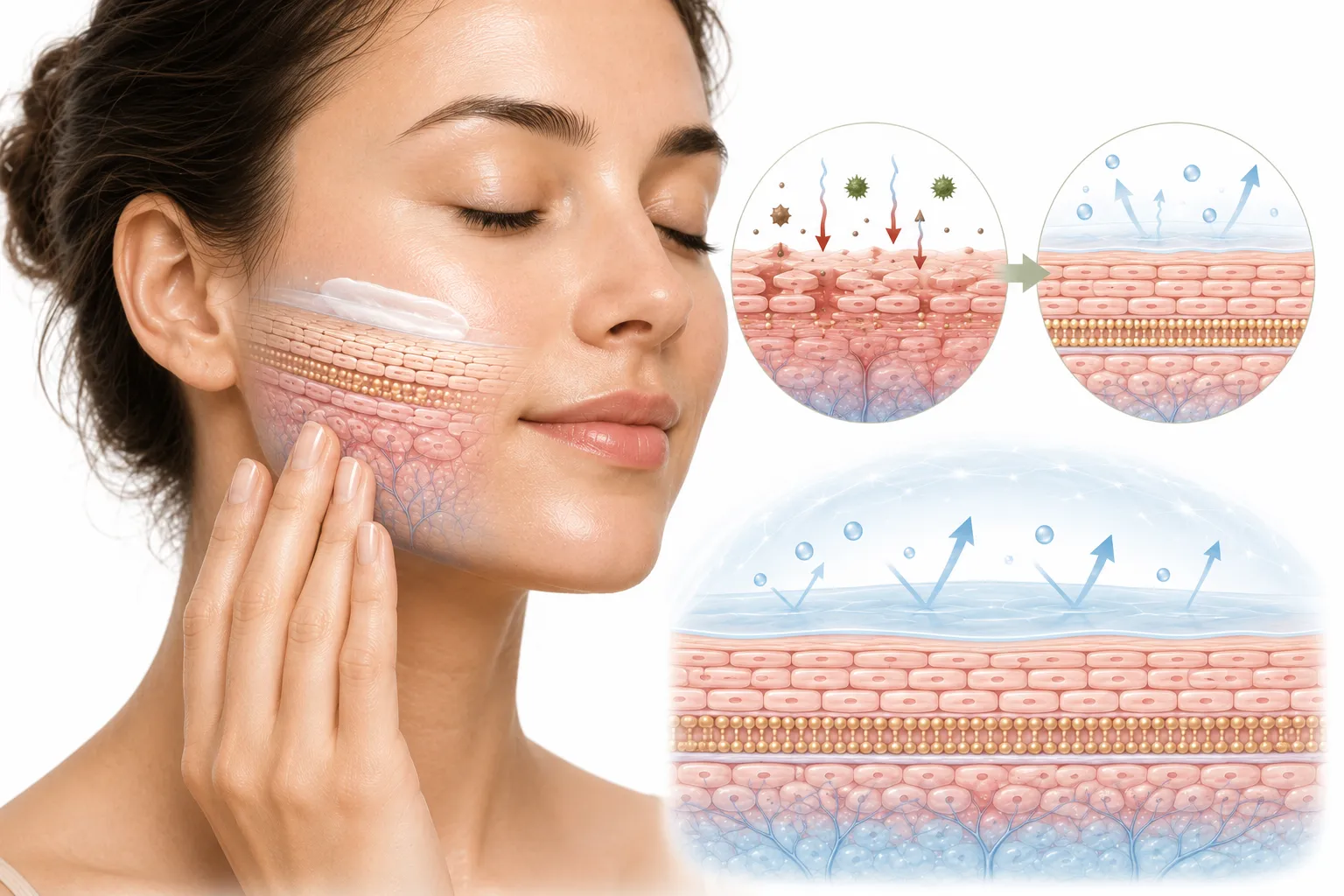 Skin barrier restoration process shown over time with healthy skin outcome