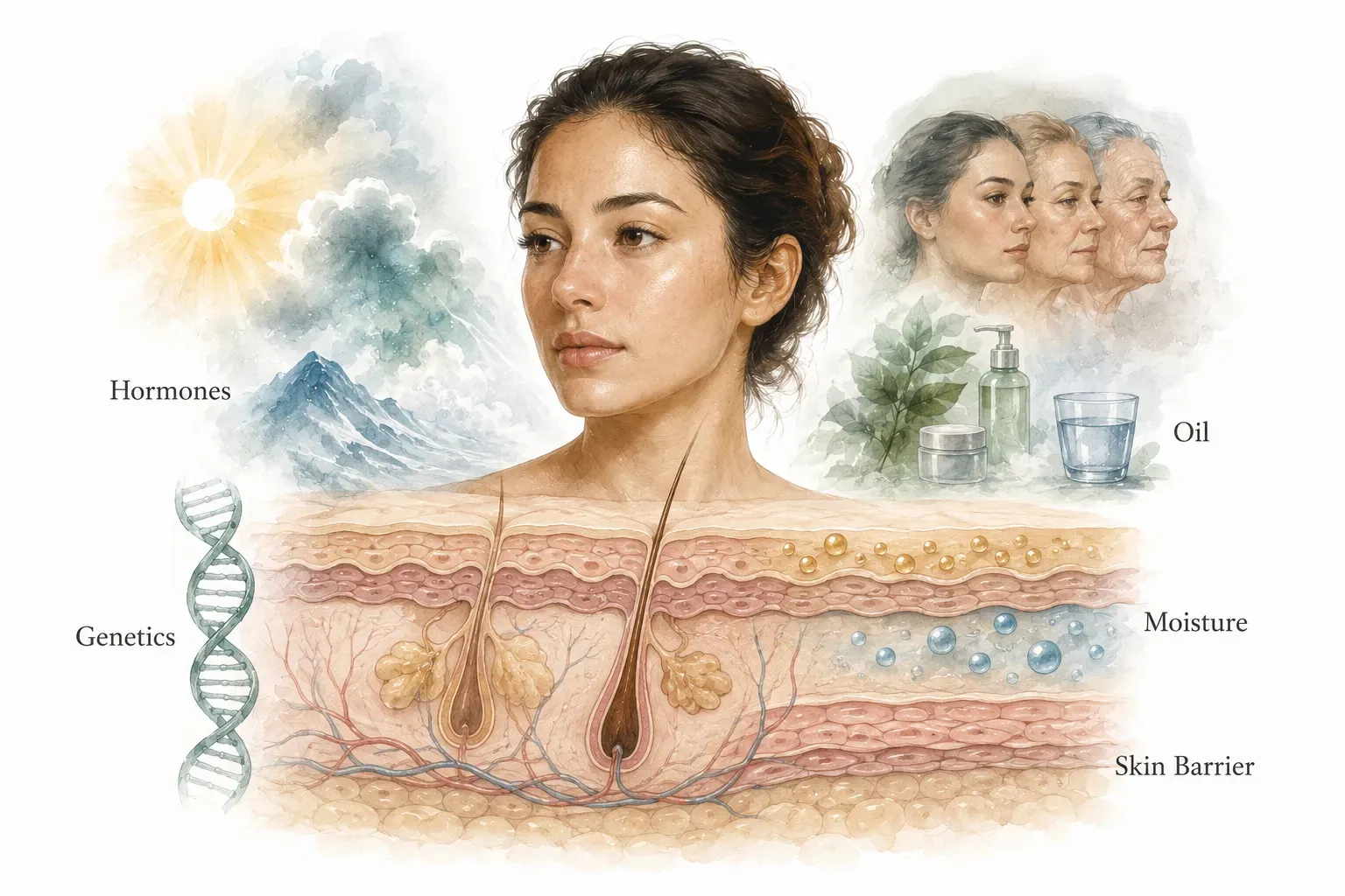 Diagram showing factors that can shift skin type over time