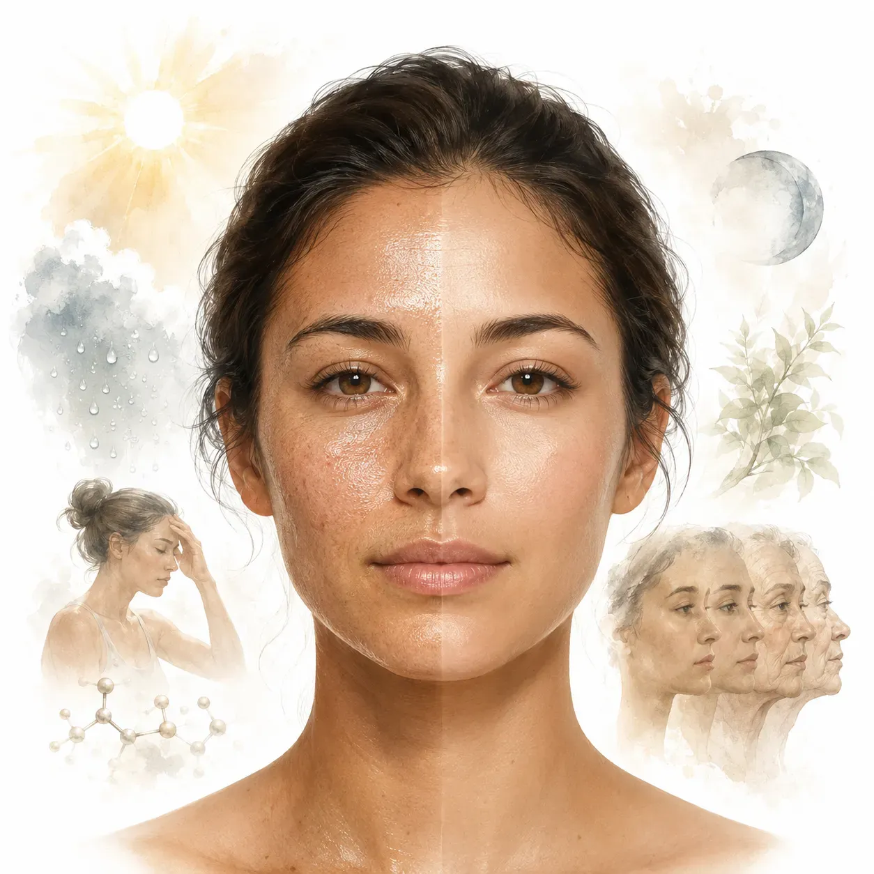 Illustration showing skin transitioning between oily and dry states