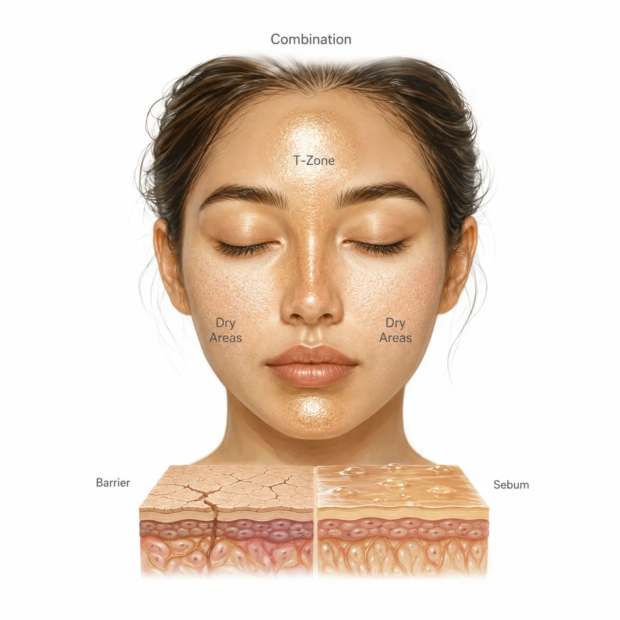 Diagram comparing combination skin and dehydrated oily skin