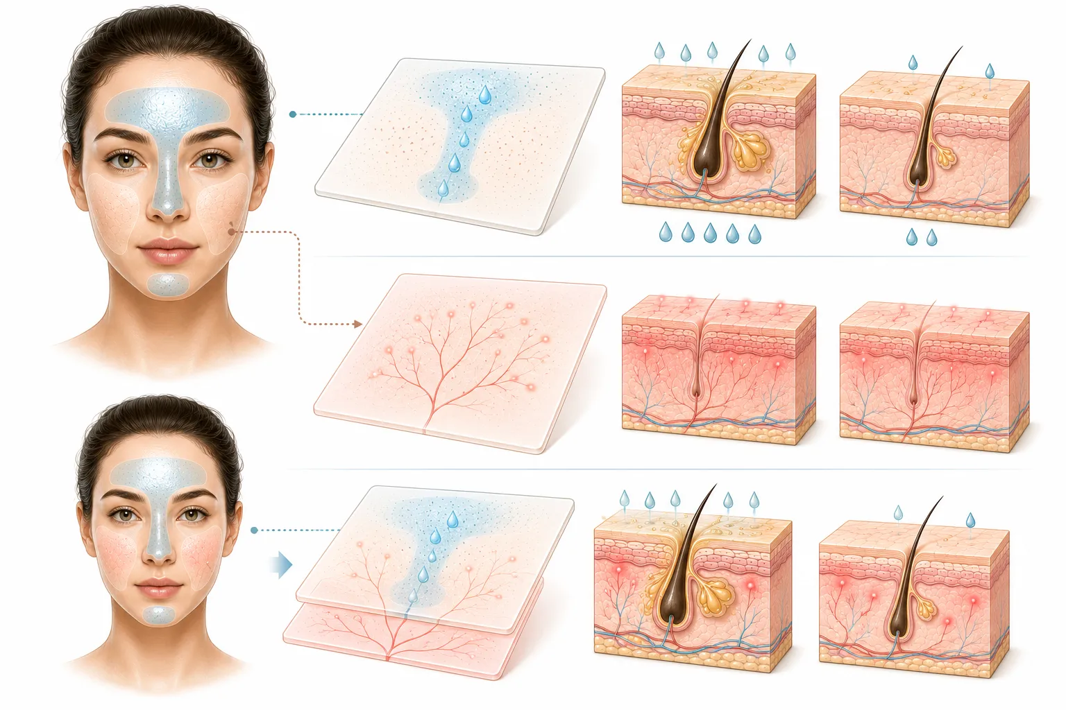 Diagram showing sensitive combination skin with T-zone oiliness, cheek dryness, and reactivity