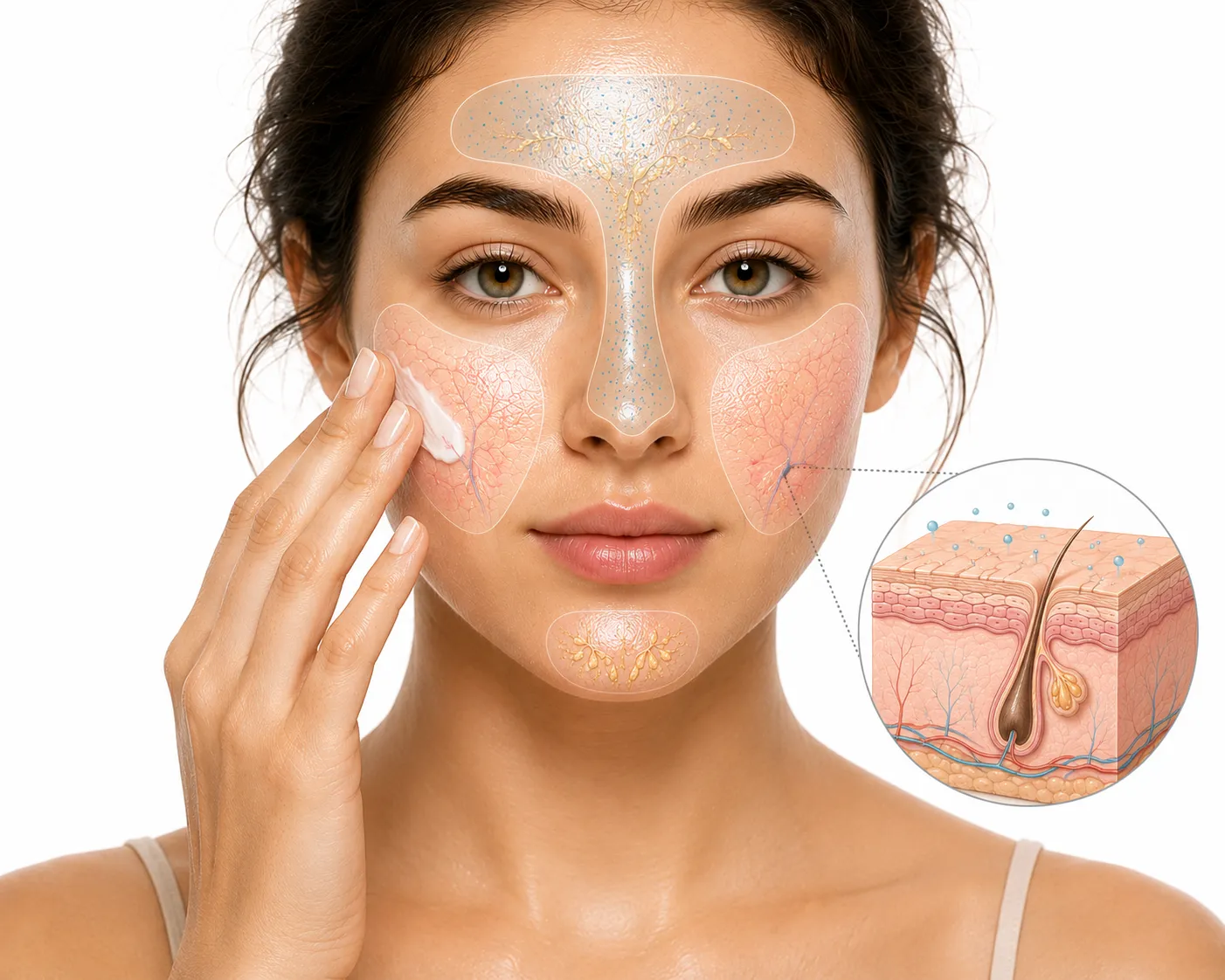 Illustration showing sensitive combination skin with red and oily areas