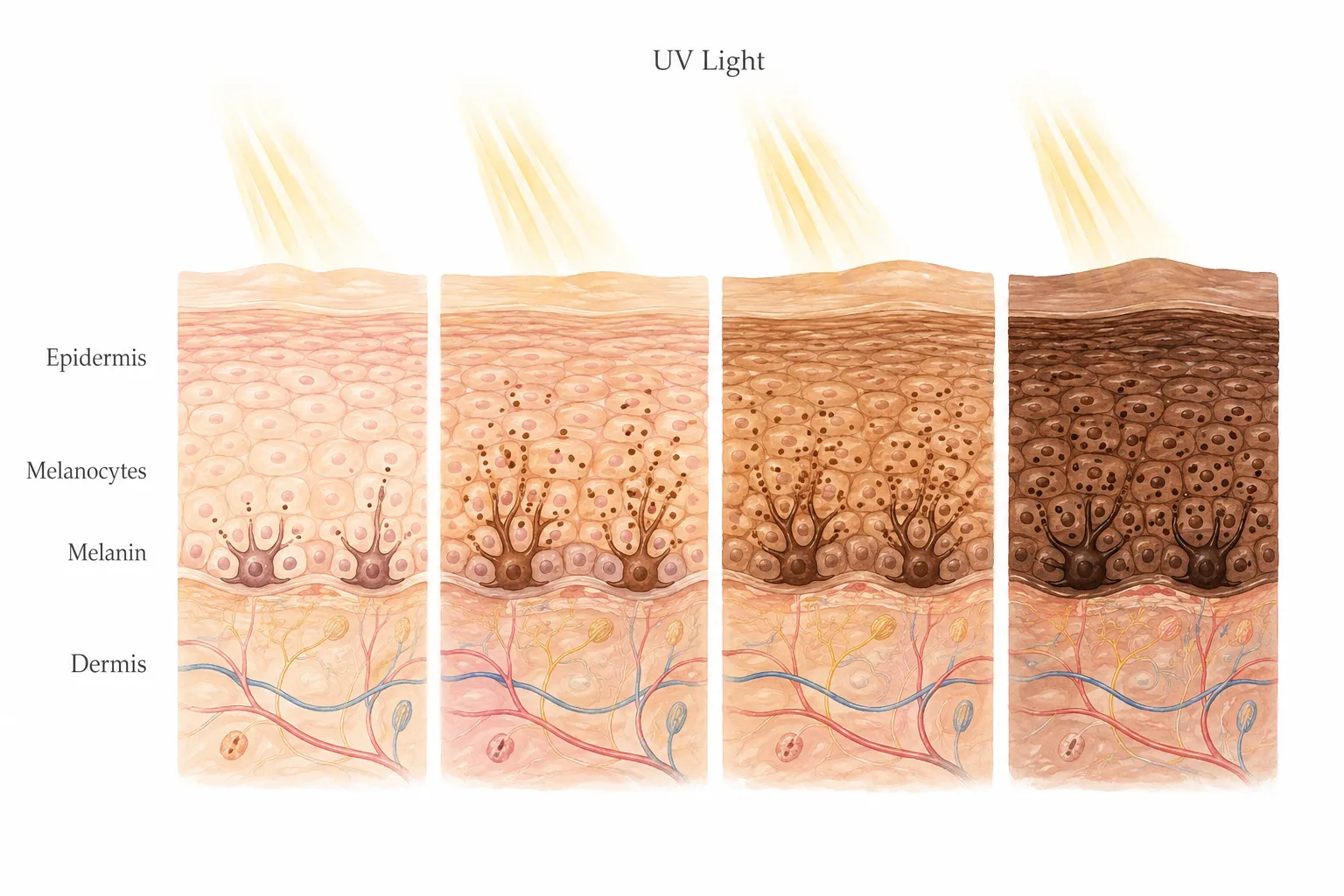 Diagram showing melanocytes producing melanin in the skin