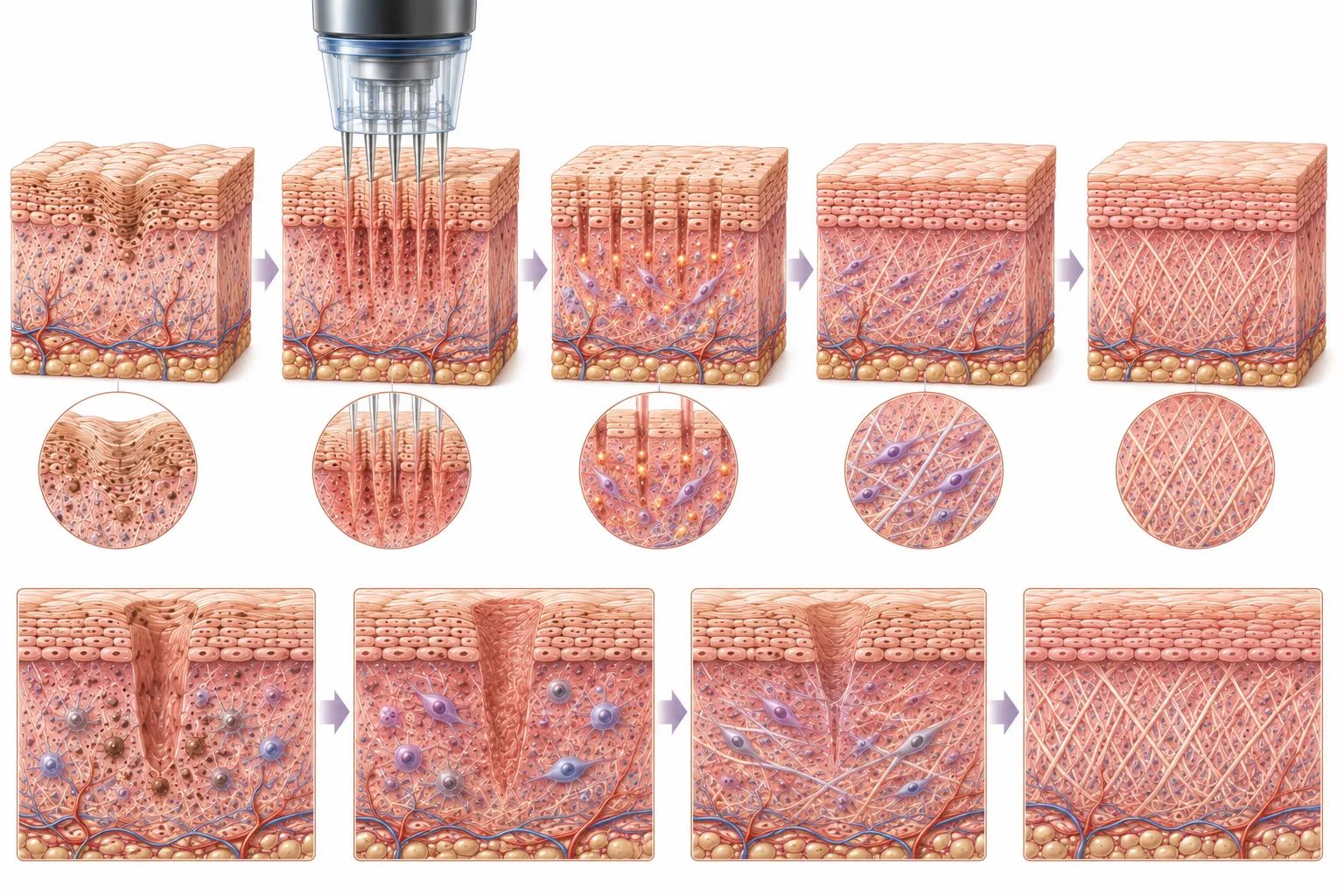 Diagram of microneedling creating micro-injuries that trigger collagen production