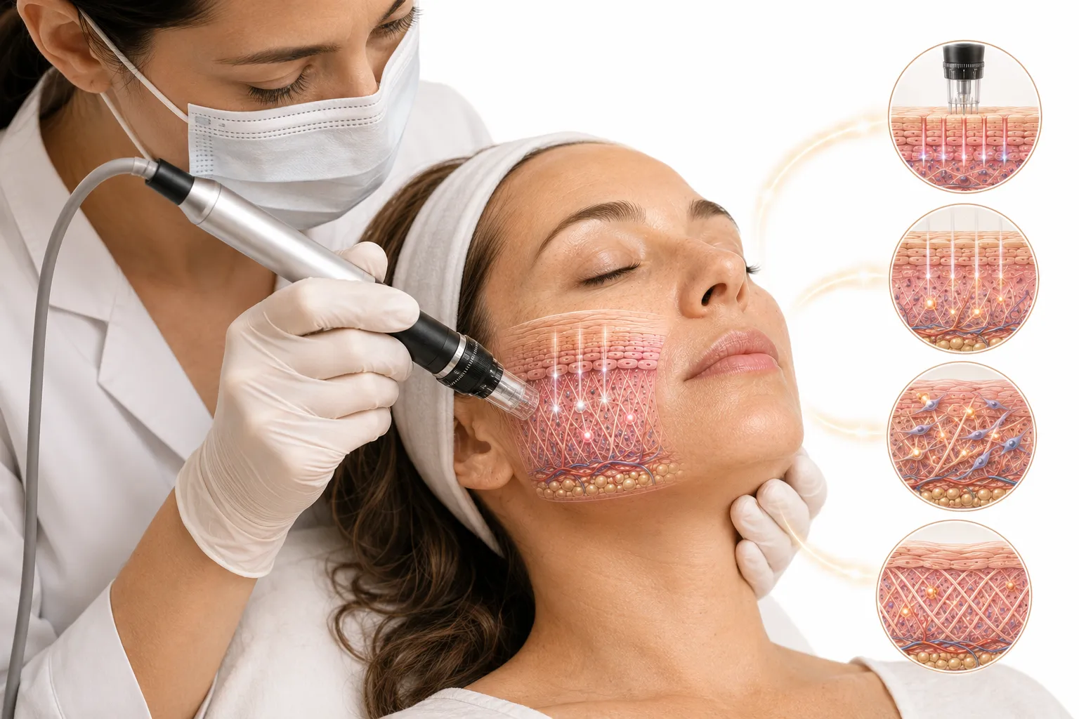 Microneedling device being used on sun-damaged skin during an in-office treatment